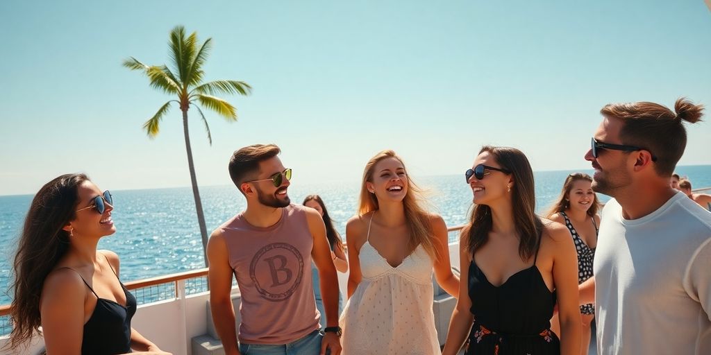 Young adults on cruise ship deck, ocean background.