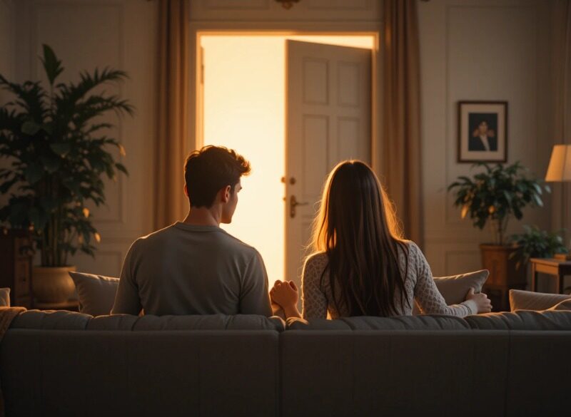 Couple holding hands on a couch, looking towards an open glowing doorway.