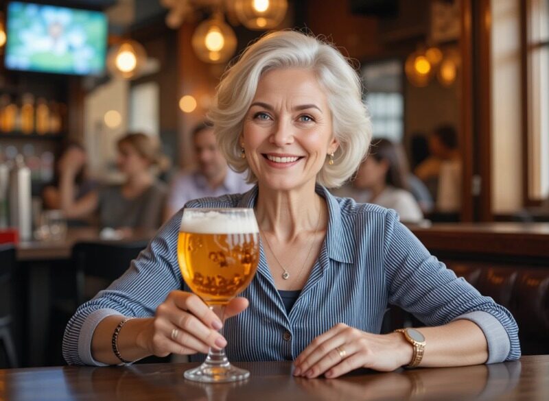 Woman at her 50's joyfully spend time at a bar