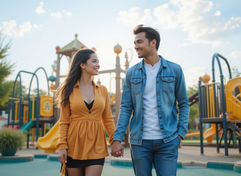 Couple holding hands happily at the playground