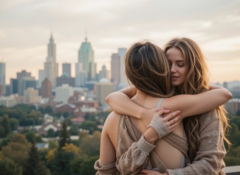 Woman in embrace, Denver skyline.