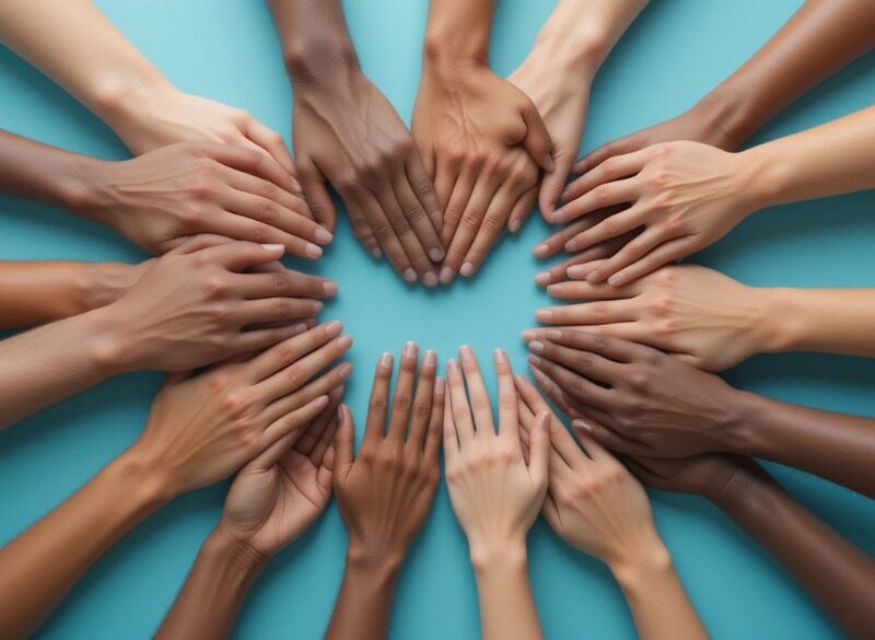 Diverse hands forming heart shape.
