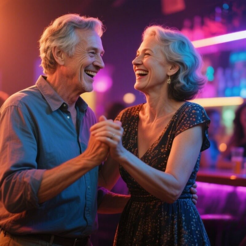 Joyful mature couple at their 50's having fun at a bar