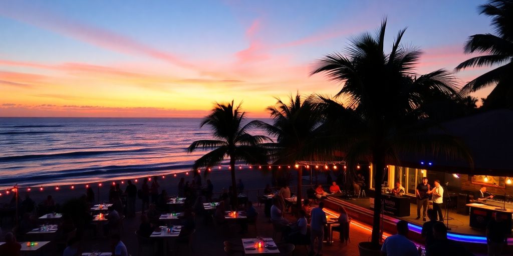 Beach restaurant at sunset with vibrant entertainment.
