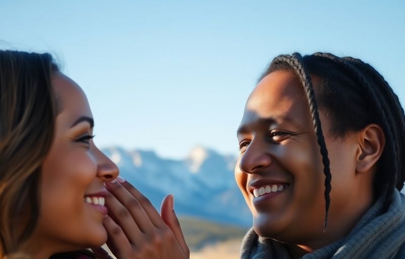 Couple embracing, Colorado mountains in background.