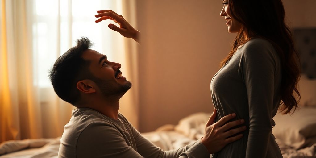 Couple embracing, man on knees.