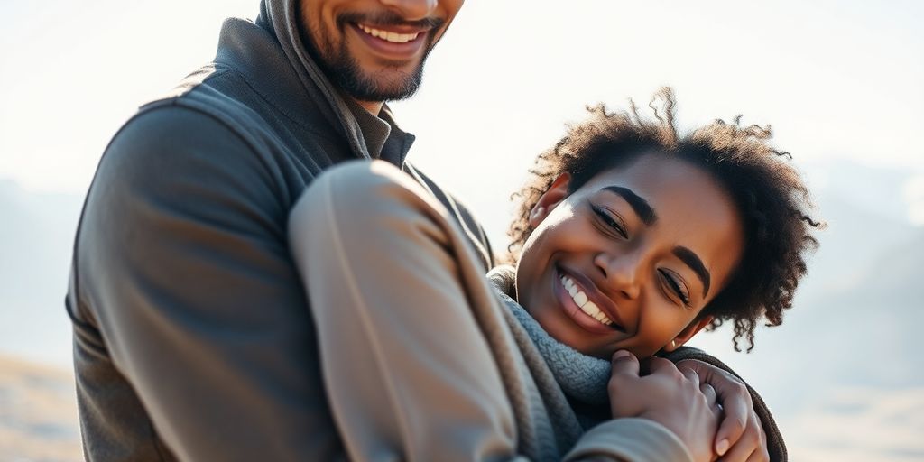 Couple embracing, mountains in background.