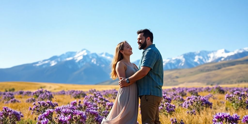 Couple embracing outdoors, Colorado mountains behind them.