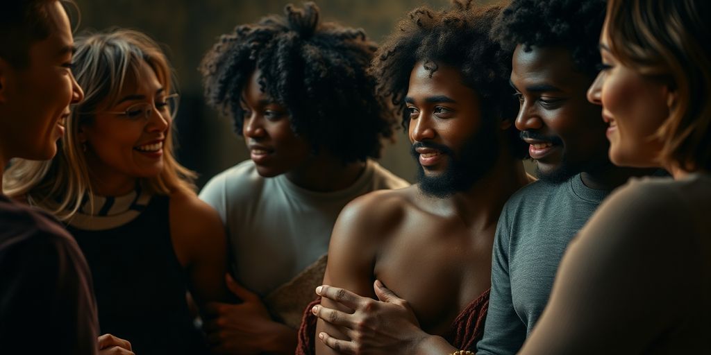 Diverse adults, intimate, colorful, soft light.