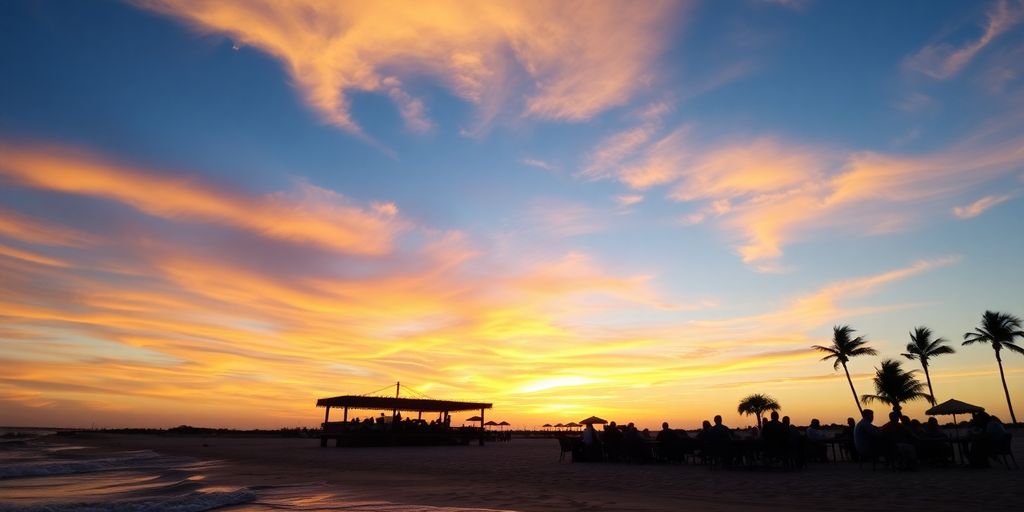 Restaurant on beach at sunset