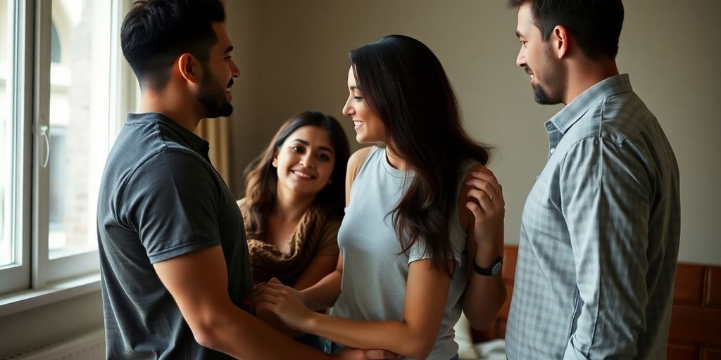 Couple and another man sharing an intimate moment.