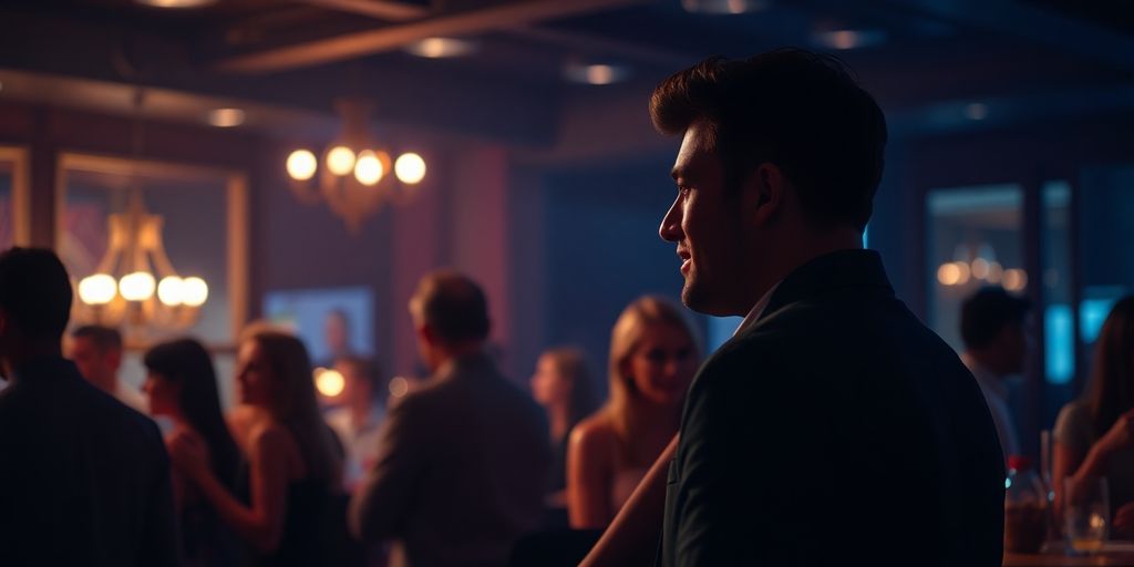 Couple conversing in a sophisticated club environment.