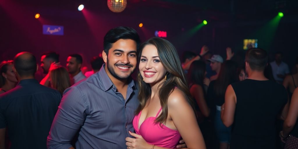 Couple dancing at a lively club with other people around.