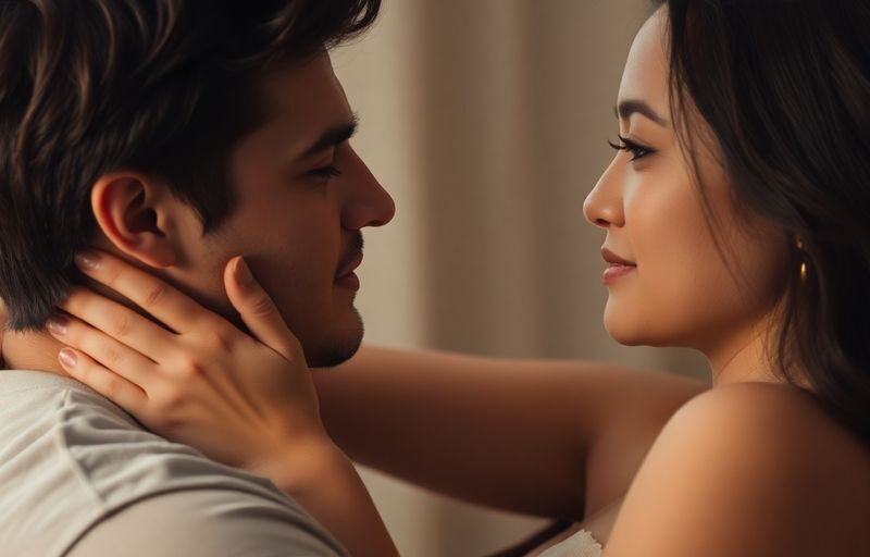 Couple embracing, contemplating relationship decision.