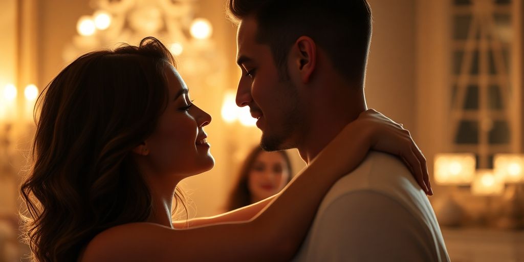 Couple embracing, hints of another figure.