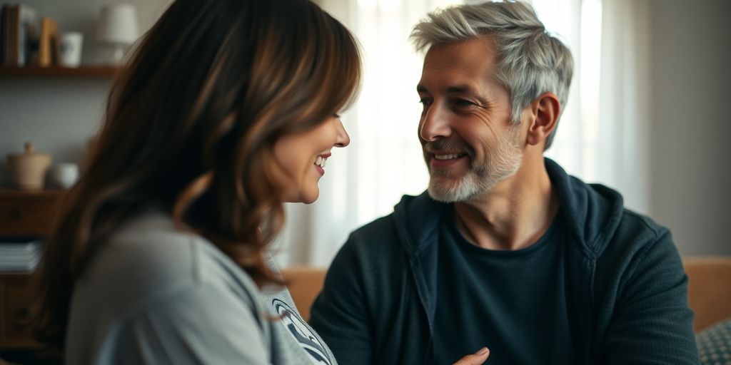 Couple embracing in a dimly lit, intimate setting.
