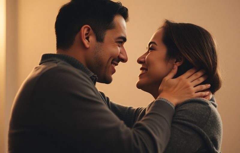 Couple embracing intimately.