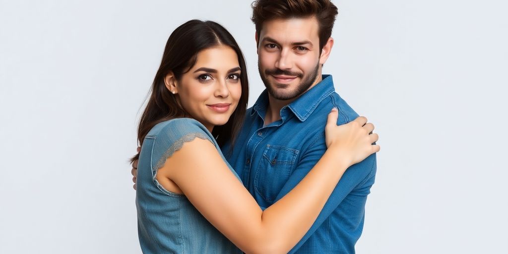 Couple embracing, looking confidently at viewer.