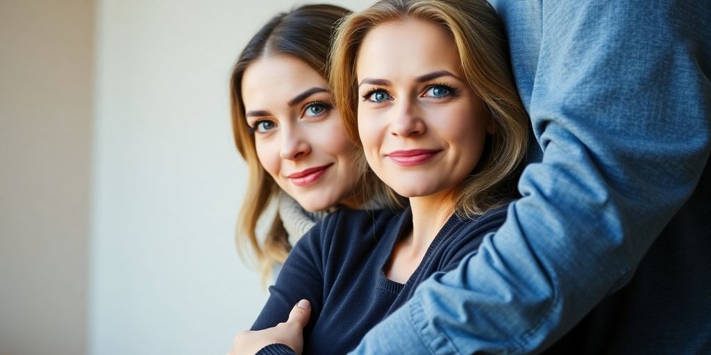 Couple embracing, wife looking confidently forward.