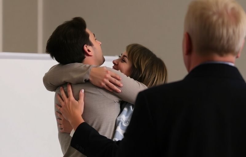 Couple embracing with another person nearby.