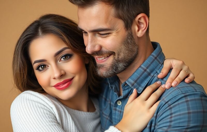 Couple embracing, woman confident, man supportive.