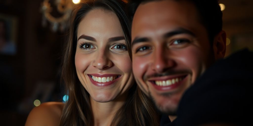 Couple embracing, woman looking confidently at camera.