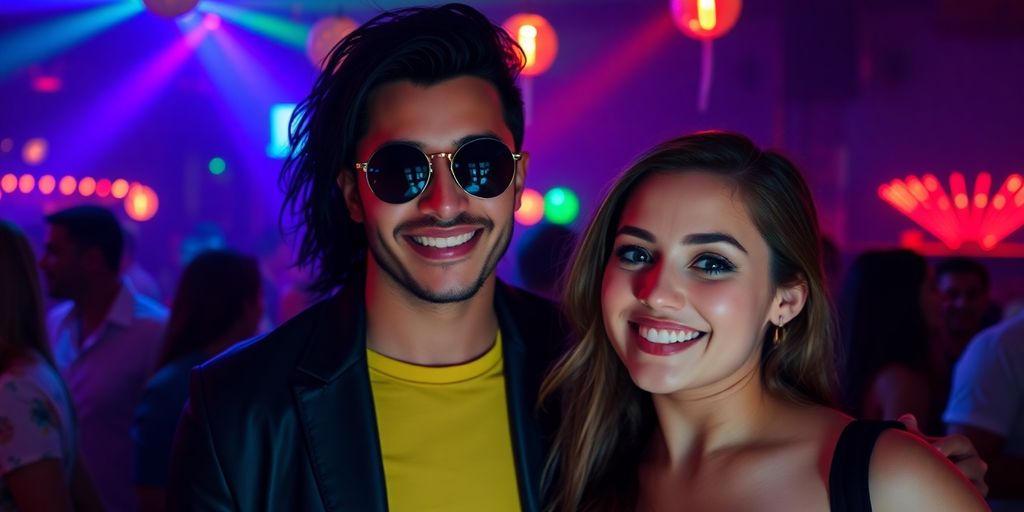 Couple enjoying a vibrant party atmosphere.