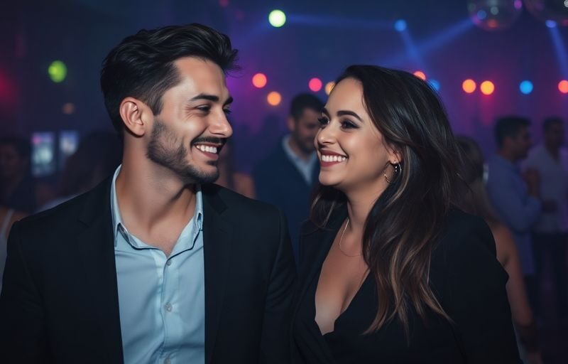 Couple enjoying a vibrant party atmosphere.