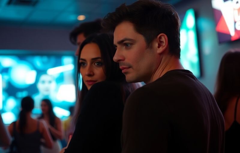 Couple in club, one partner appears uneasy.