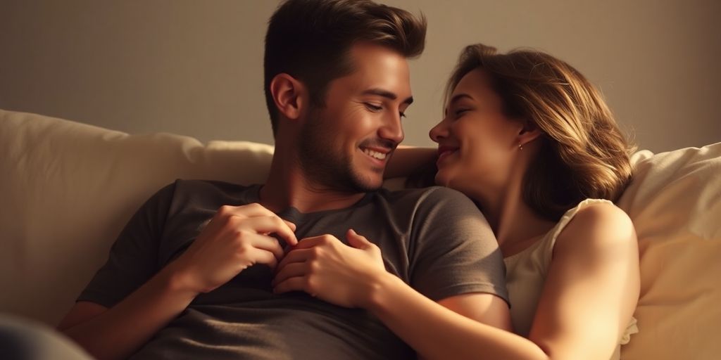 Couple in easy, intimate pose, enjoying closeness.