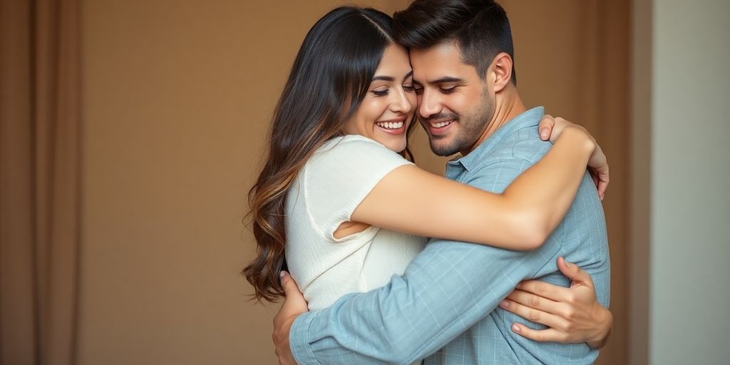 Couple in intimate embrace, exploring a new sex position.