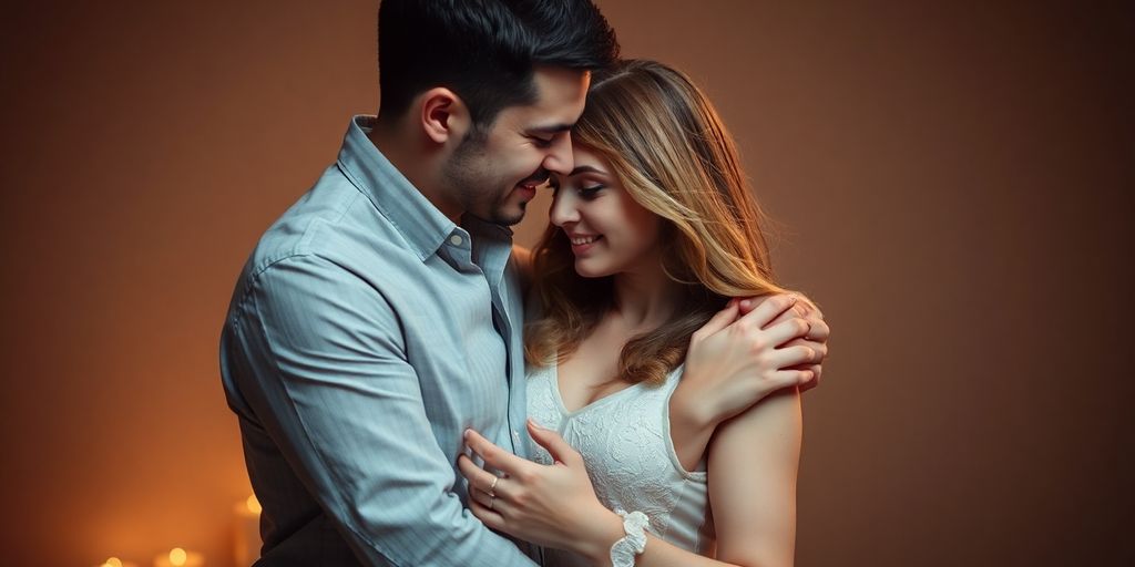 Couple intimately embracing in missionary position, captured in soft light.