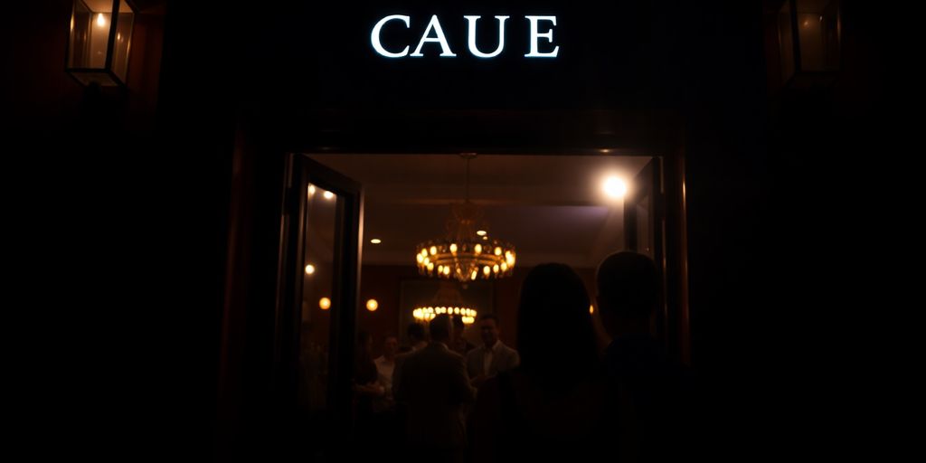 Couple near elegant, softly lit club entrance.