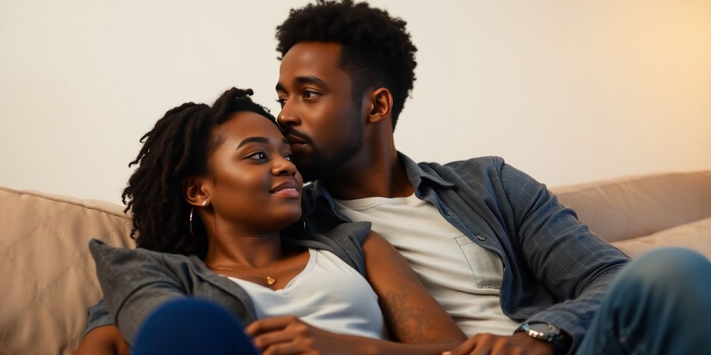 Couple on couch, man looks away, intimate atmosphere.