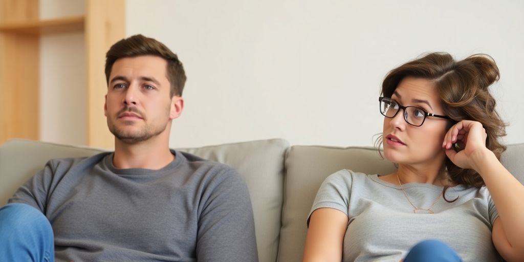 Couple on sofa, contemplating relationship dynamics.
