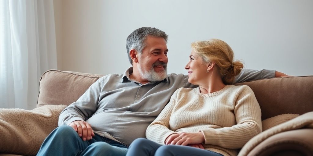 Couple on sofa, intimate moment, soft lighting