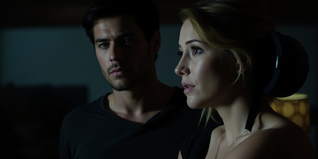 Couple sharing intimate moment, woman looking at other man.