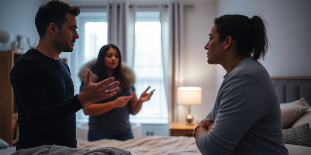 Couple discussing boundaries in a bedroom.