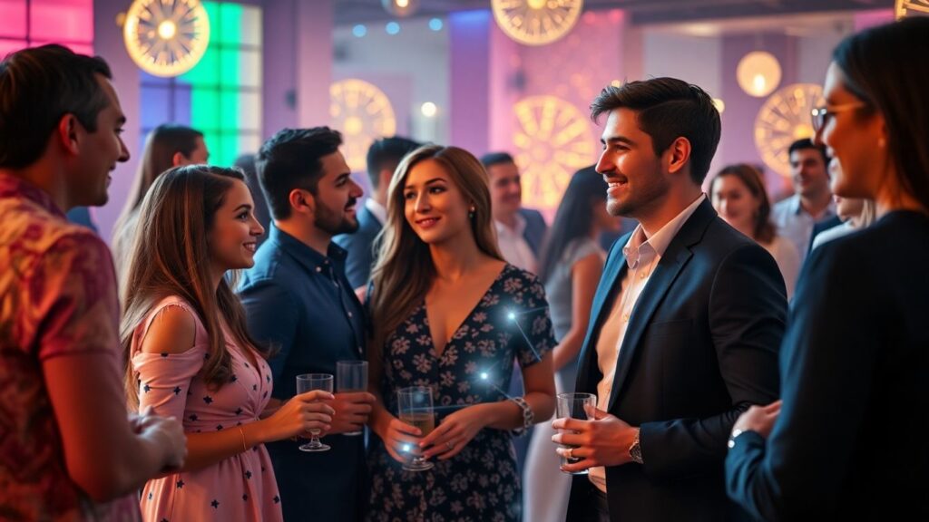 AI connecting couples at a sophisticated party.