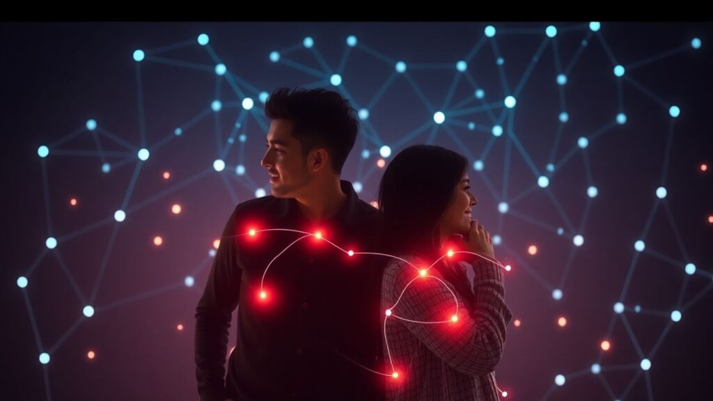 AI connecting couples in a futuristic dating app.