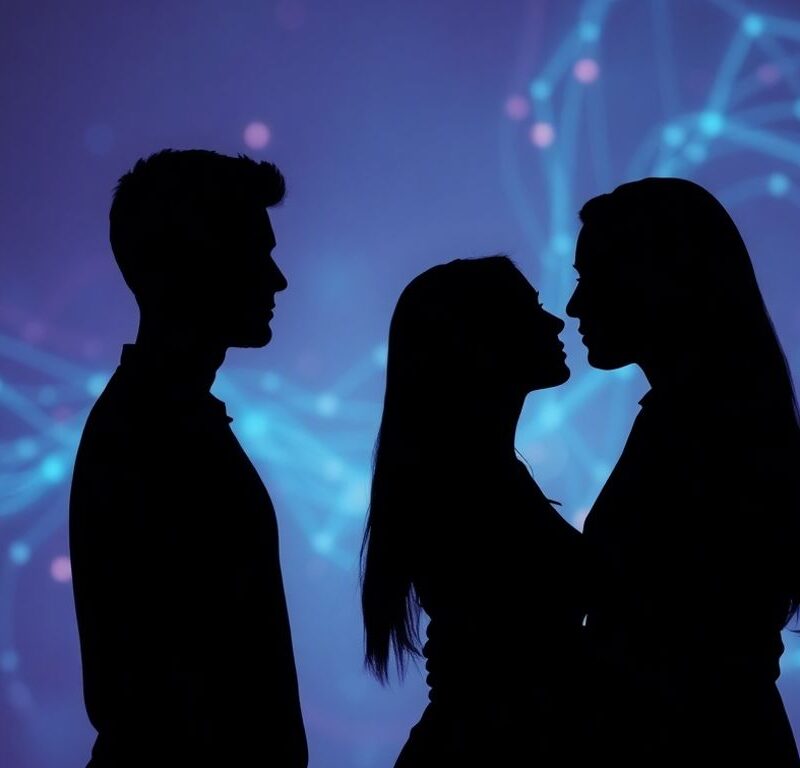 AI connecting couples in a futuristic relationship setting.