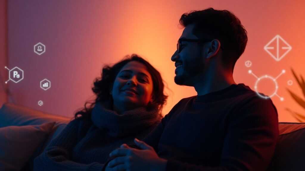 AI enhancing connections between couples in a futuristic setting.