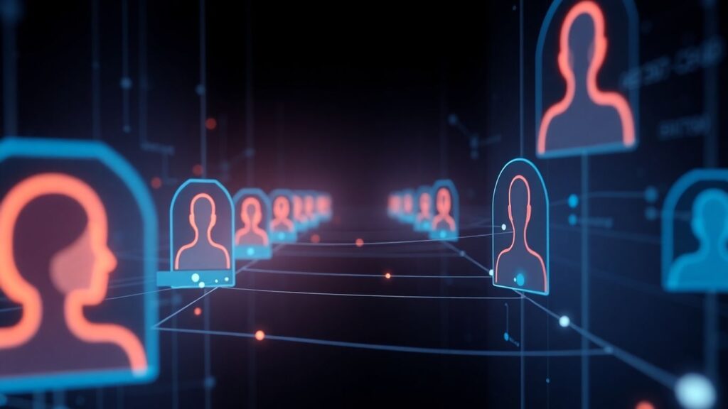 AI matchmaking interface with glowing user profiles.