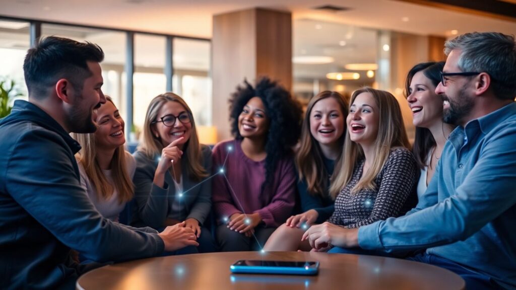 Adults connecting digitally and in person.