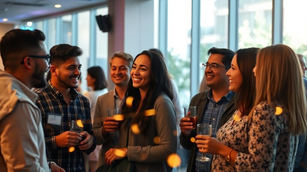 Adults connecting in a modern digital swinger community lounge.
