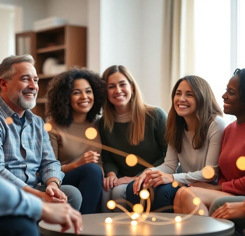Adults connecting in a modern, digitally enhanced social setting.