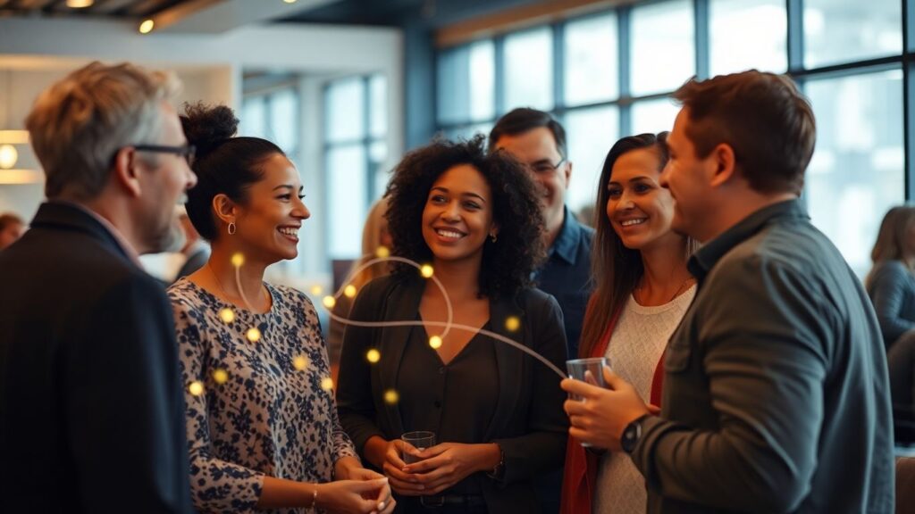 Adults connecting in a modern lounge with digital light trails.