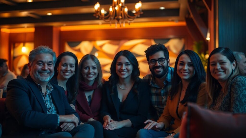 Adults enjoying a sophisticated social gathering.