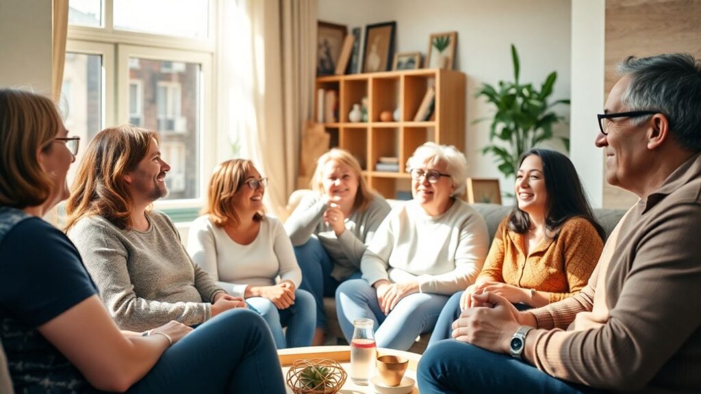 Adults interacting in a bright, modern community living space.