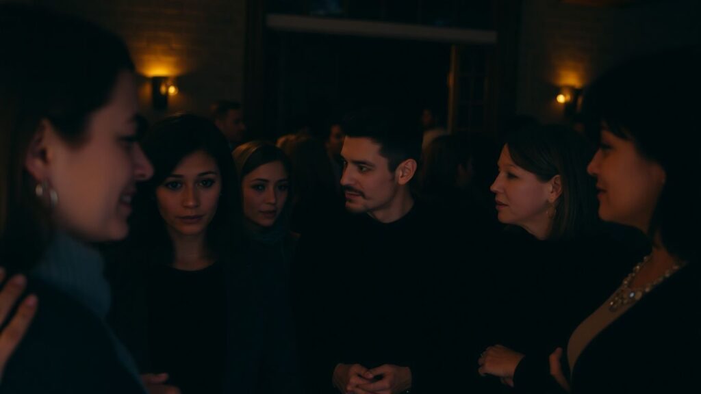 Adults interacting in an intimate, dimly lit social setting.